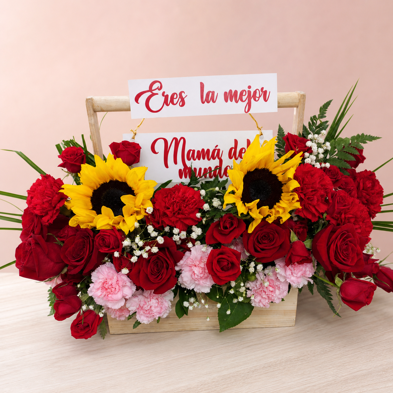 Eres la Mejor Mamá - Caja de madera con girasoles y rosas