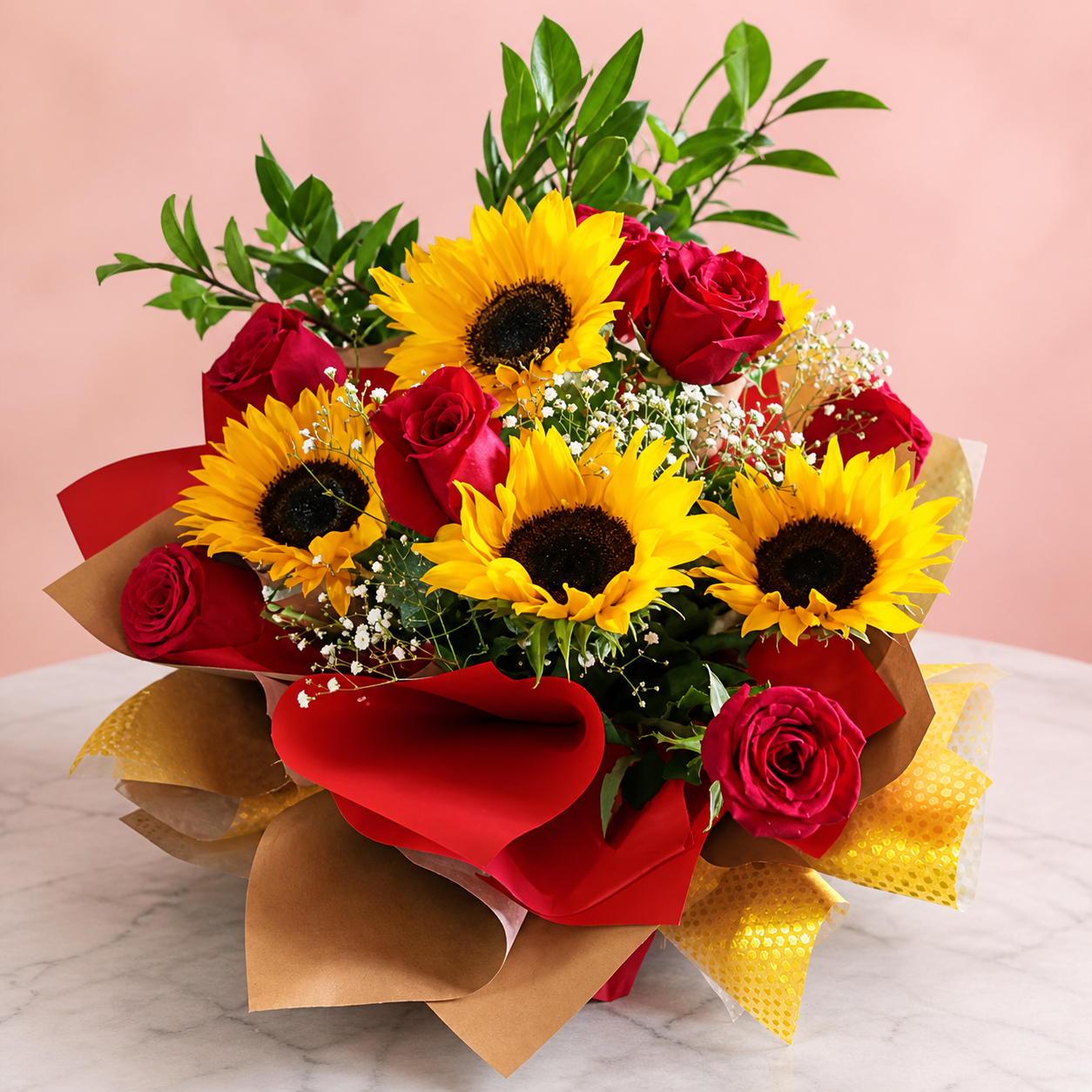 Sol y Pasión - Girasoles y rosas rojas